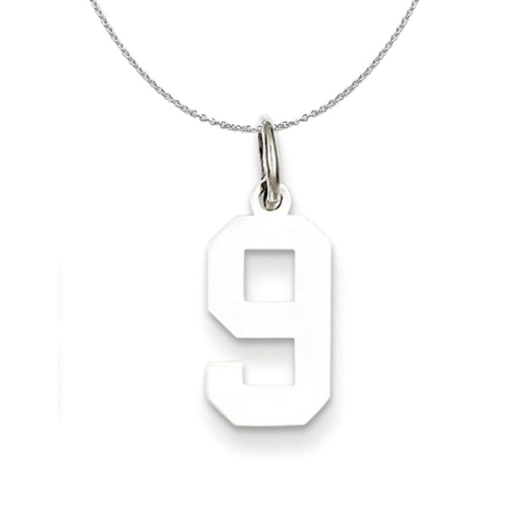Silver, Athletic Collection, Small Polished Number 9 Necklace - 20 In